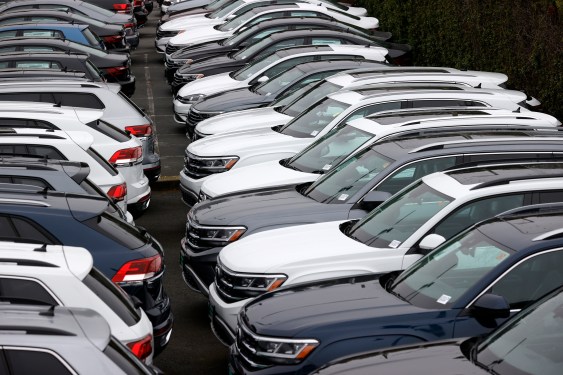 Brand new Volkswagen cars are displayed on the sales lot at Serramonte Volkswagen