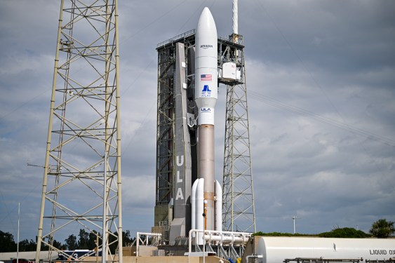 A United Launch Alliance Atlas V rocket carrying Amazon Project Kuiper is prepared for the launch of the first production satellites from Space Launch Complex 41 on April 9, 2025 in Cape Canaveral, Florida