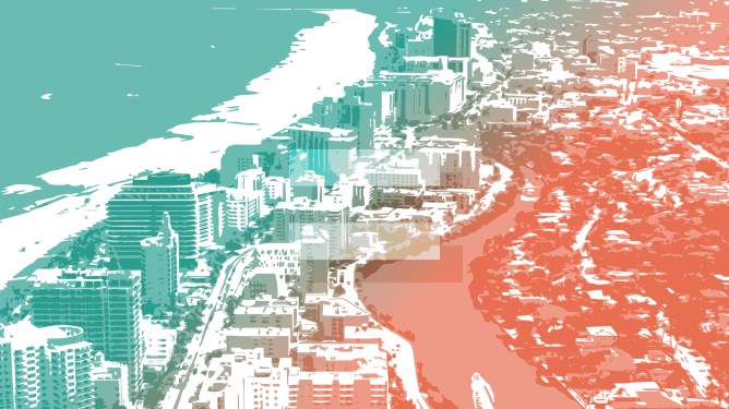An illustration of Miami showing the beach in a green and orange motif