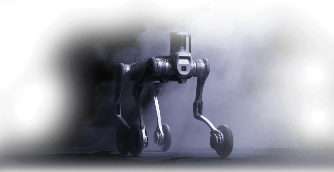 quadropod robot in black coming out of a misty gray background
