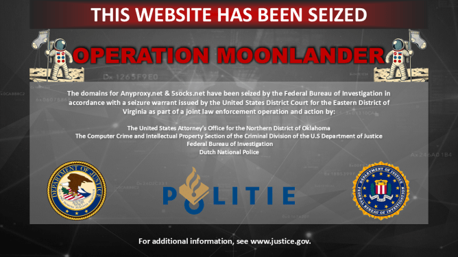A screenshot of the seizure notice on the websites of 5Socks and Anyproxy, two services selling access to a botnet of hacked internet-connected devices.