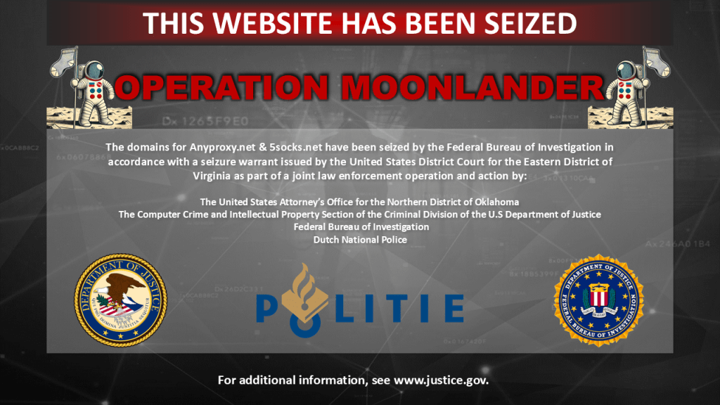 A screenshot of the seizure notice on the websites of 5Socks and Anyproxy, two services selling access to a botnet of hacked internet-connected devices.